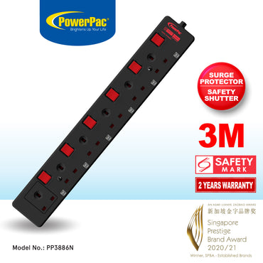 6 Way Safety Extension Socket 3 Meter with 2-Pin direct. (PP3886BK)