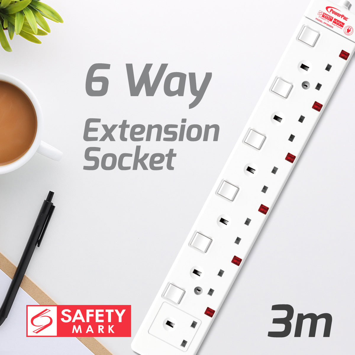 Extension Socket Extension Cord, Power Cord, Power Extension 6 way 3 meter (PP3886N)