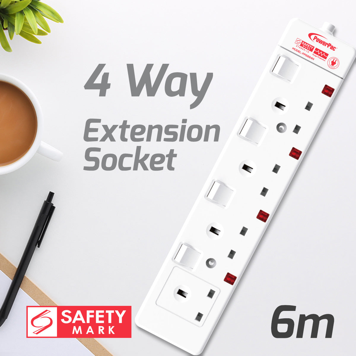 Extension Socket Extension Cord, Power Cord, Power Extension 4 way 6 meter (PP6884N)