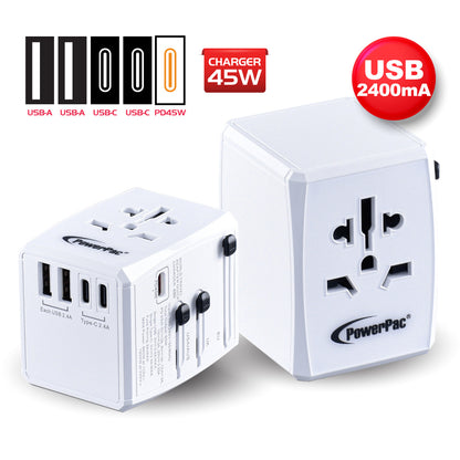 Multi Travel Adapter With 2x USB-A + 3x USB-C Charger | PD 45W USB Charger (PP7966)