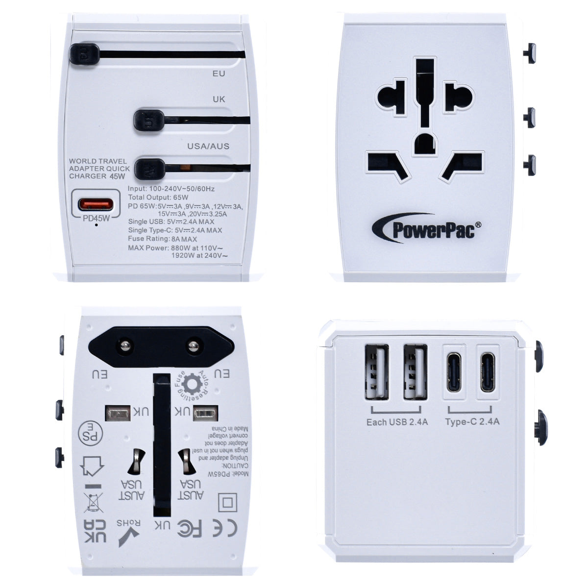 Multi Travel Adapter With 2x USB-A + 3x USB-C Charger | PD 45W USB Charger (PP7966)