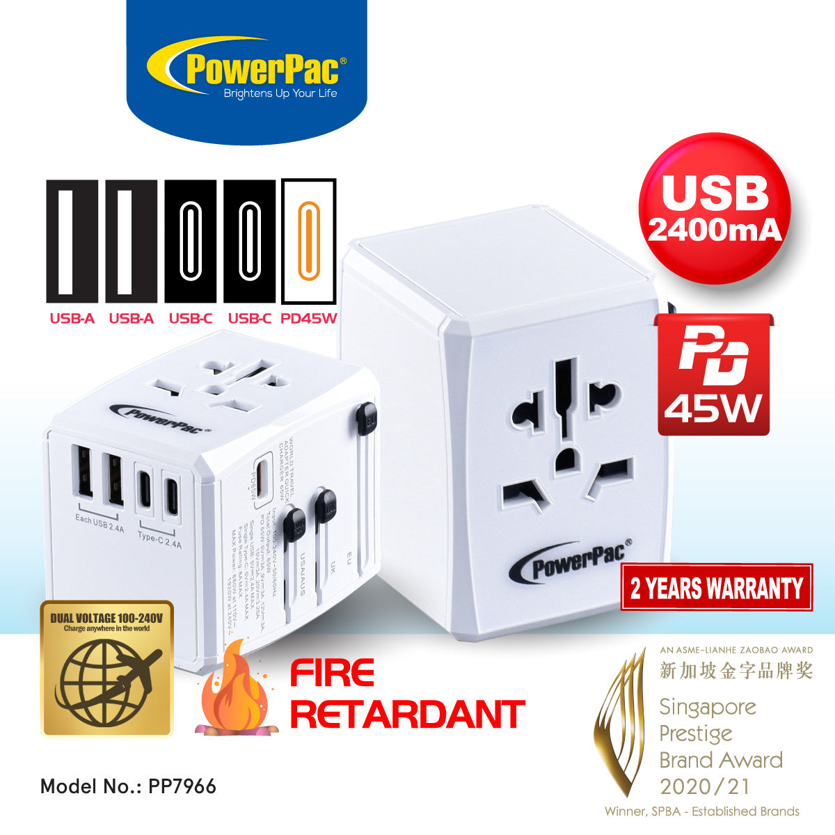45W Universal Travel Adapter + USB Smart & Fast Charger – Multi Sockets & Plugs, Neon LED, PP7966
