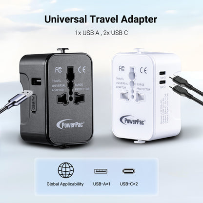 Universal Travel Adapter + USB Smart Charger – Multi Sockets & Plugs, Neon LED, PP7970BK