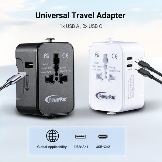 Universal Travel Adapter + USB Smart Charger – Multi Sockets & Plugs, Neon LED, PP7970WH