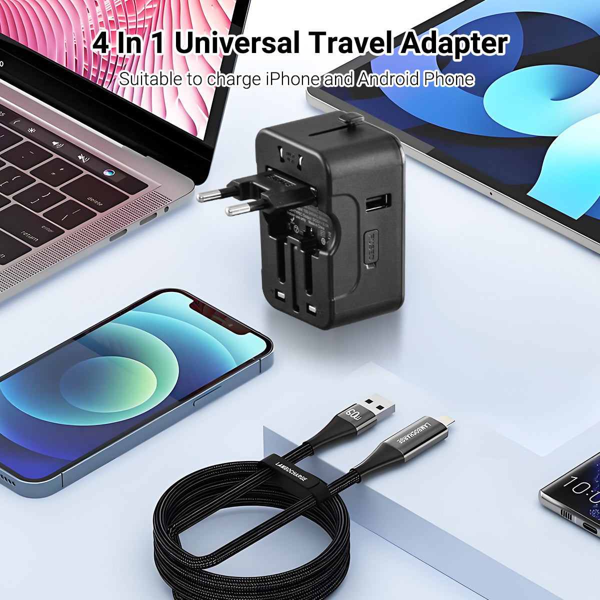 Universal Travel Adapter + USB Smart Charger – Multi Sockets & Plugs, Neon LED, PP7970BK