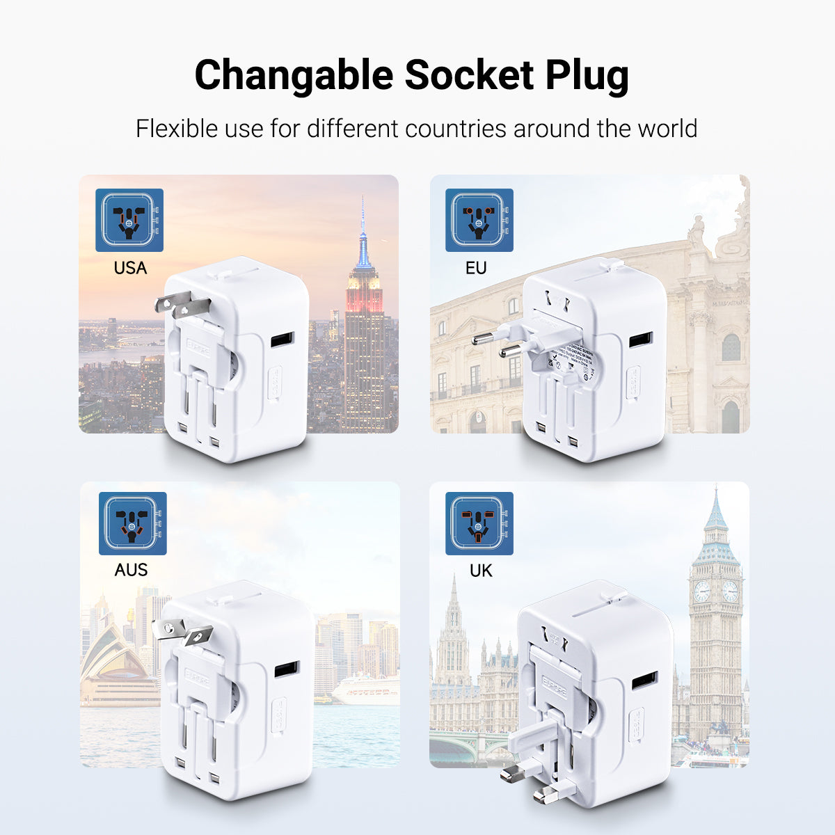 Universal Travel Adapter + USB Smart Charger – Multi Sockets & Plugs, Neon LED, PP7970BK