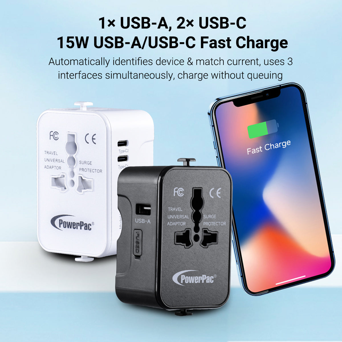 Universal Travel Adapter + USB Smart Charger – Multi Sockets & Plugs, Neon LED, PP7970BK