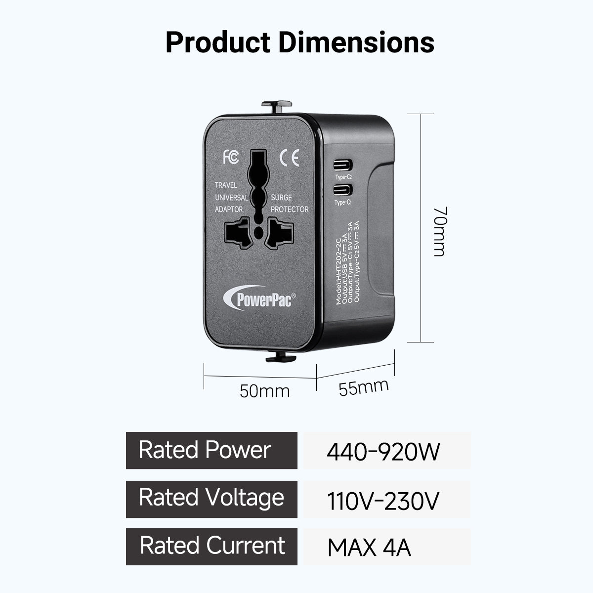 Universal Travel Adapter + USB Smart Charger – Multi Sockets & Plugs, Neon LED, PP7970BK