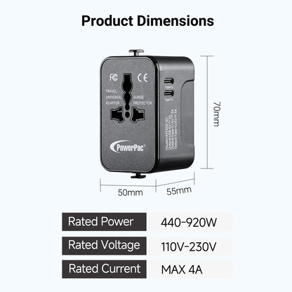 Universal Travel Adapter + USB Smart Charger – Multi Sockets & Plugs, Neon LED, PP7970BK