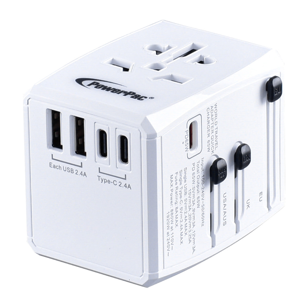 PowerPac Multi Travel Adapter With 2x USB-A + 3x USB-C Charger | PD 65W USB Charger (PP7977)