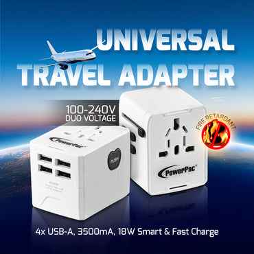 Universal Travel Adapter + USB Smart & Fast Charger – Multi Sockets & Plugs, Neon LED, PP7981WH