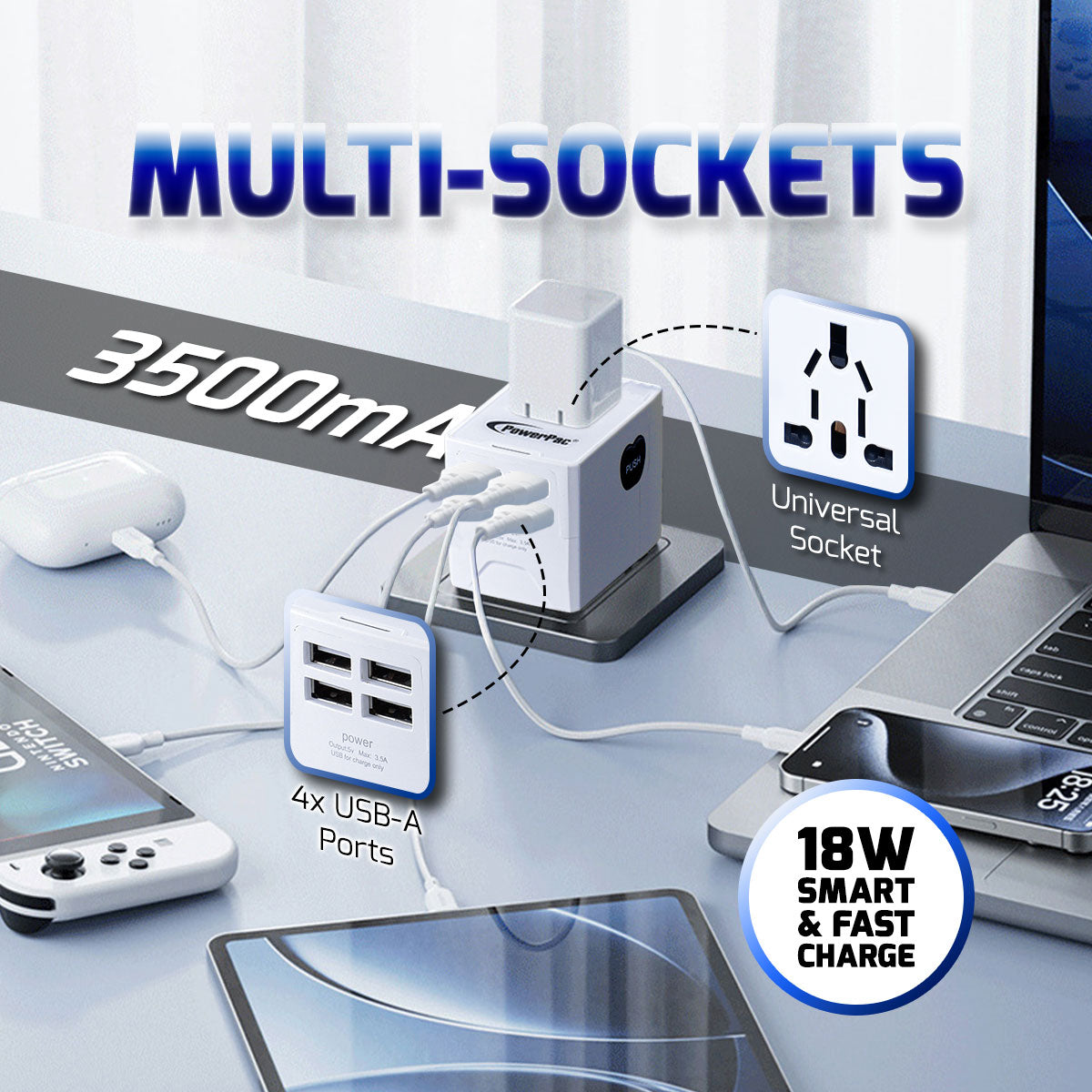 Universal Travel Adapter + USB Smart & Fast Charger – Multi Sockets & Plugs, Neon LED, PP7981WH