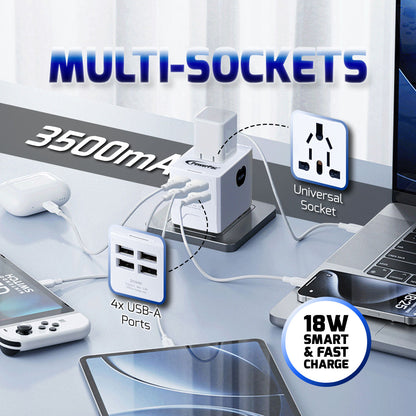 Universal Travel Adapter + USB Smart & Fast Charger – Multi Sockets & Plugs, Neon LED, PP7981WH