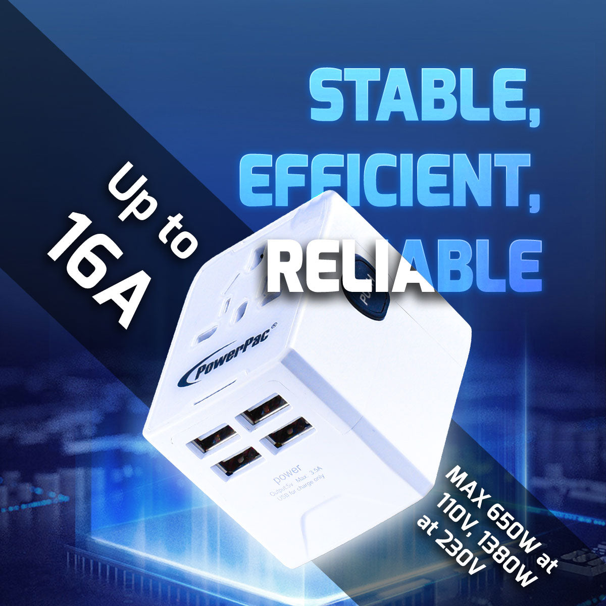 Universal Travel Adapter + USB Smart & Fast Charger – Multi Sockets & Plugs, Neon LED, PP7981WH