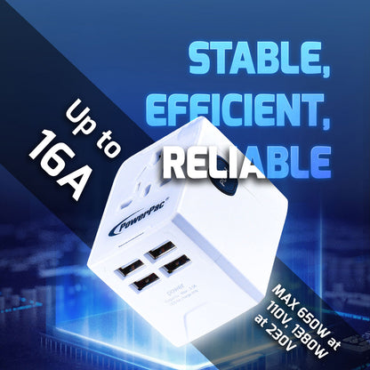 Universal Travel Adapter + USB Smart & Fast Charger – Multi Sockets & Plugs, Neon LED, PP7981WH