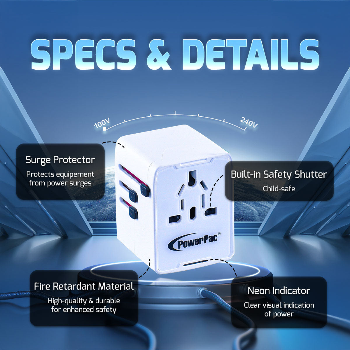 Universal Travel Adapter + USB Smart & Fast Charger – Multi Sockets & Plugs, Neon LED, PP7981WH