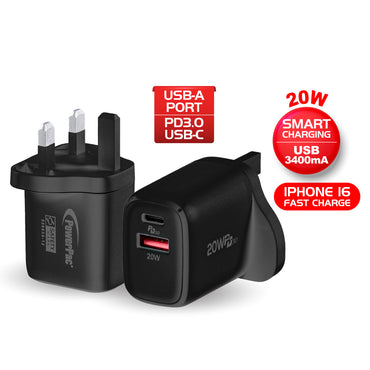 20W Charger Fast Charge QC3.0, PD 3.0 USB Smart Charger, TYPE A, TYPE C (PP7982) Black