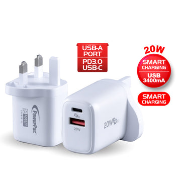 20W Charger Fast Charge QC3.0, PD 3.0 USB Smart Charger, TYPE A, TYPE C (PP7982) White