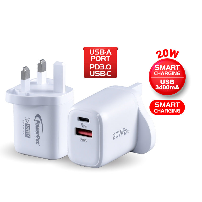 20W Charger Fast Charge QC3.0, PD 3.0 USB Smart Charger, TYPE A, TYPE C (PP7982) White