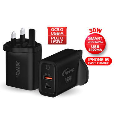 30W Charger Fast Charge QC3.0, PD 3.0 USB Smart Charger, TYPE A, TYPE C (PP7983) Black