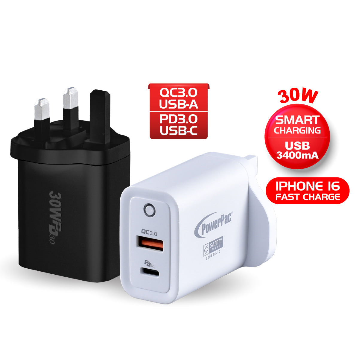 30W Charger Fast Charge QC3.0, PD 3.0 USB Smart Charger, TYPE A, TYPE C (PP7983)