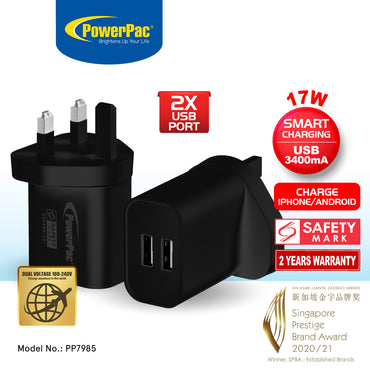 USB Smart Charger - 2 USB-A, Dual Voltage 100-240 AC, 17W, PP7985BK