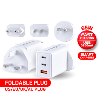 USB Travel Adapter 3 Pin Plug, Fast Charge, Smart Charge 65 Watts, Tablet Charger, Smart Phone Charger (PP7987)