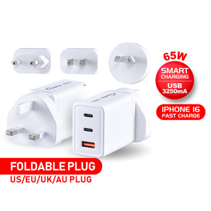 USB Travel Adapter 3 Pin Plug, Fast Charge, Smart Charge 65 Watts, Tablet Charger, Smart Phone Charger (PP7987)