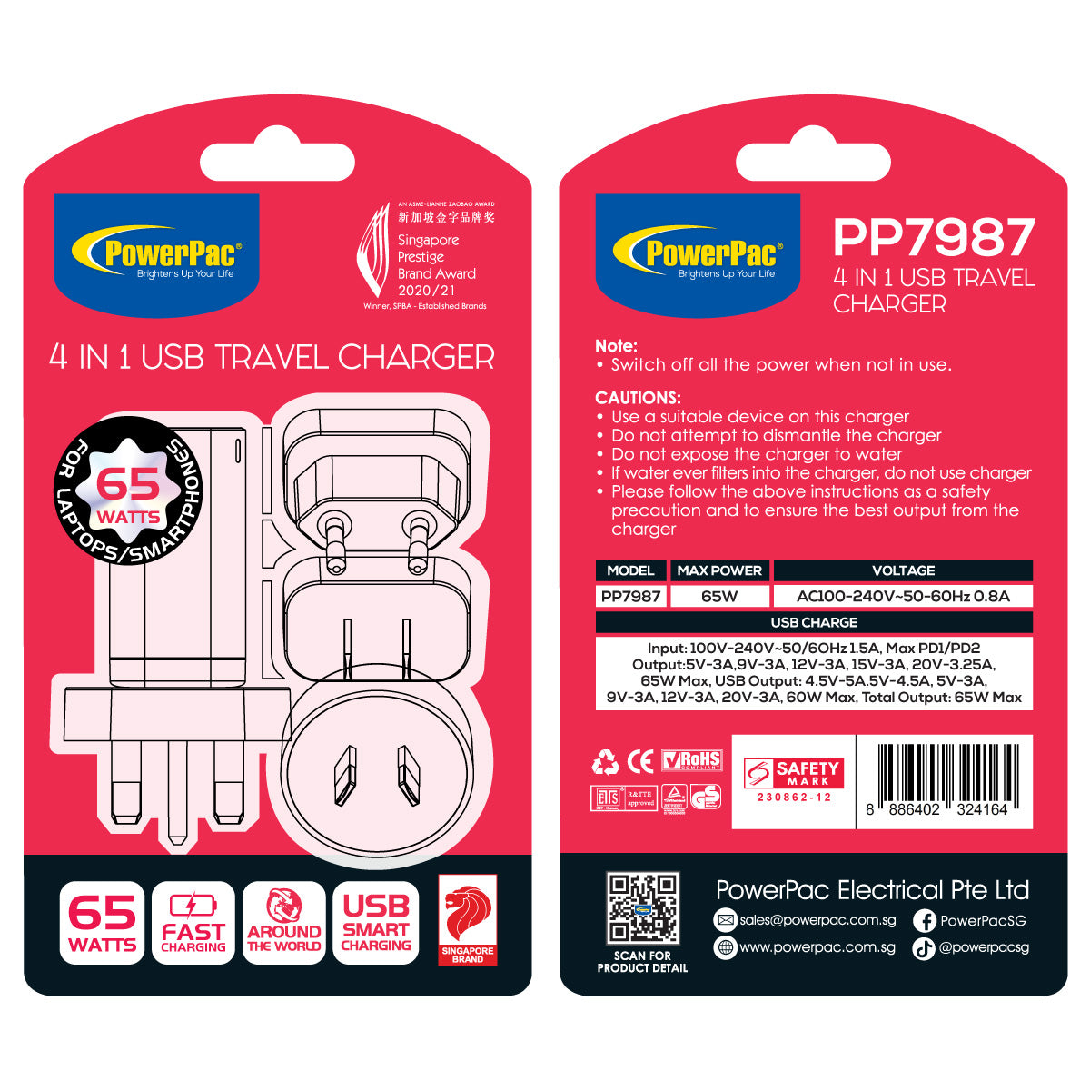 USB Travel Adapter 3 Pin Plug, Fast Charge, Smart Charge 65 Watts, Tablet Charger, Smart Phone Charger (PP7987)