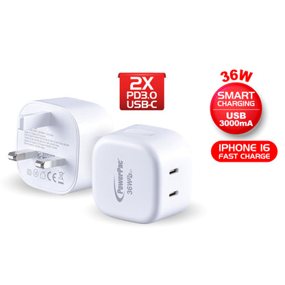 36W Charger Fast Charge QC3.0, PD 3.0 USB Smart Charger, 2x TYPE C(PP7988)