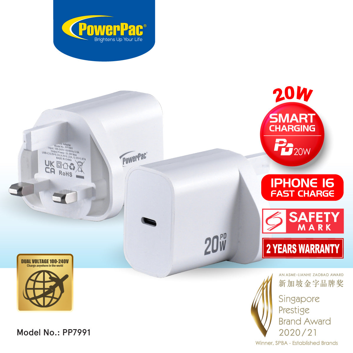 PowerPac 20W Charger Fast Charge PD20W USB-C Smart Charger, TYPE C PORT (PP7991)