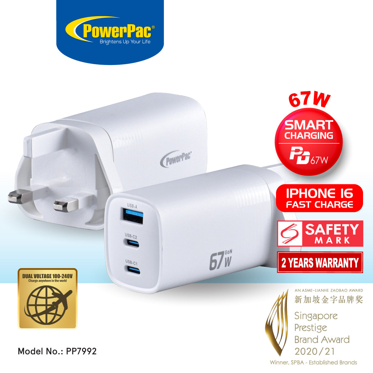 PowerPac 67W Charger Fast Charge, Smart Charge PD67W, Tablet Charger, Smart Phone Charger | TYPE A | TYPE C (PP7992)