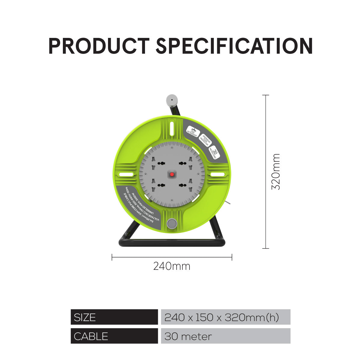 Cable Reel 30M Portable Cable Reel, Extension Socket, Power Reel, Power Cord (PP830)