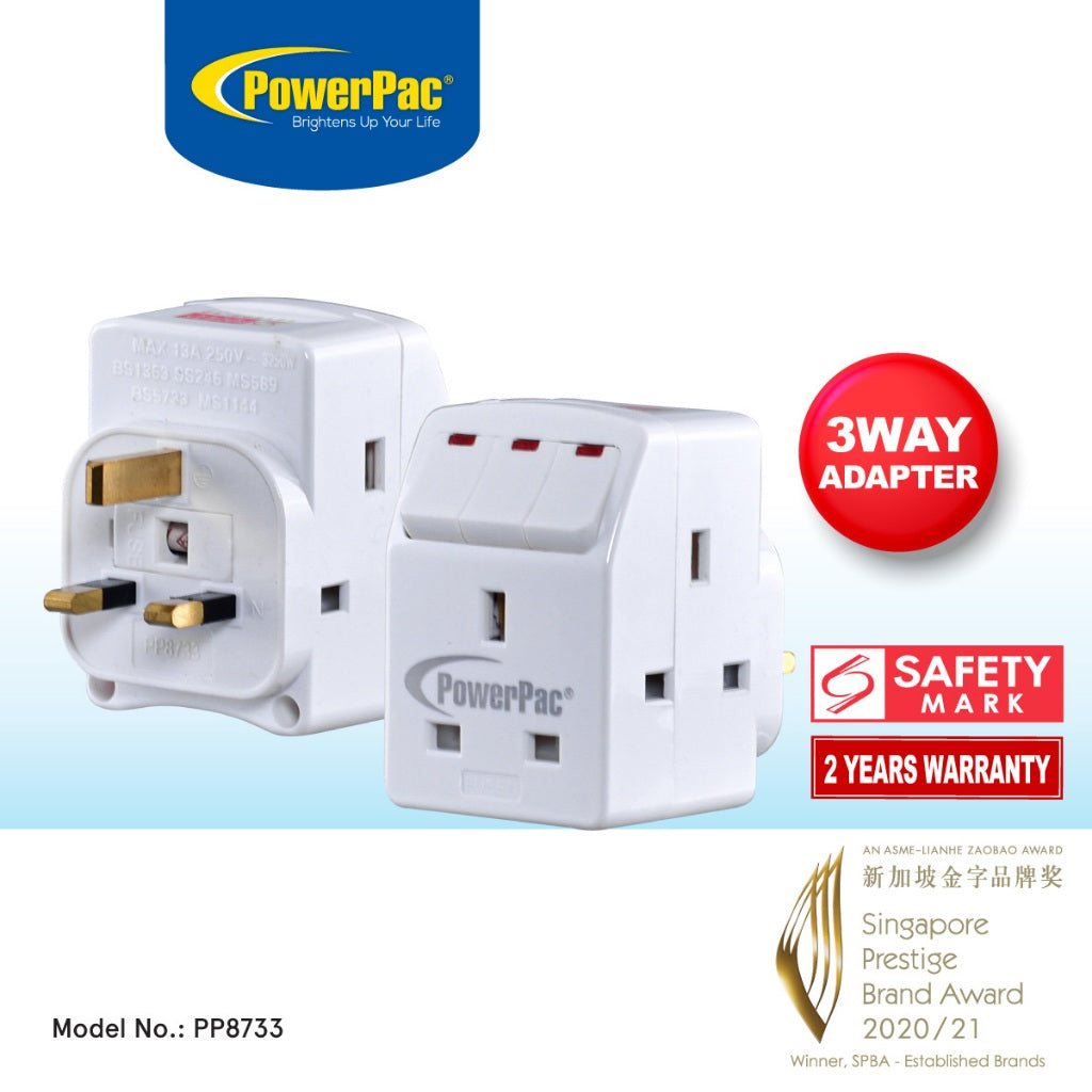 Adapter with 3-Pin Plug – 3-Way 3-Pin Sockets with Individual Switches, Neon LED, PP8733