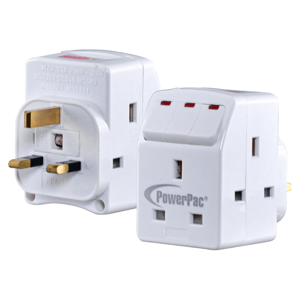 Adapter with 3-Pin Plug – 3-Way 3-Pin Sockets with Individual Switches, Neon LED, PP8733