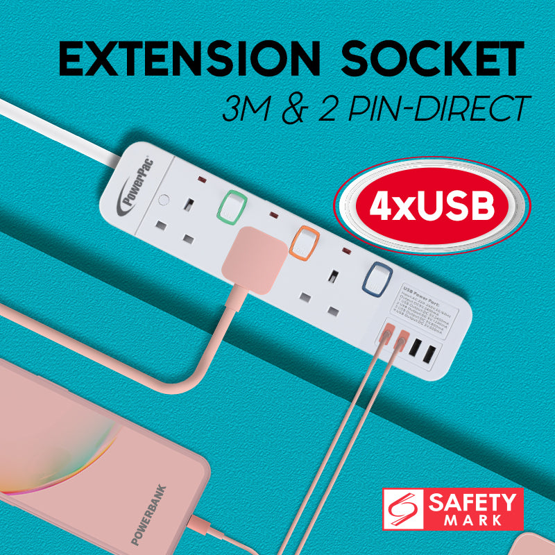 Power Extension Socket Extension Cord 3way 3 meter with 4x USB Charger (PP9113U)