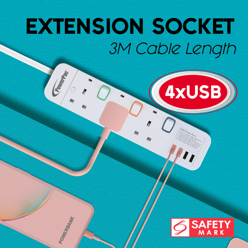 Extension Cord, Extension Socket, Power Cord 3 Metre 3 way with 4x USB Charger (PP9113U)