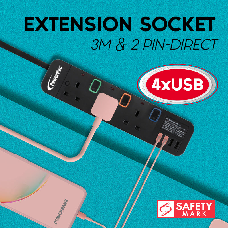 Power Extension Socket Extension Cord 3way 3 meter with 4x USB Charger (PP9113UBK)