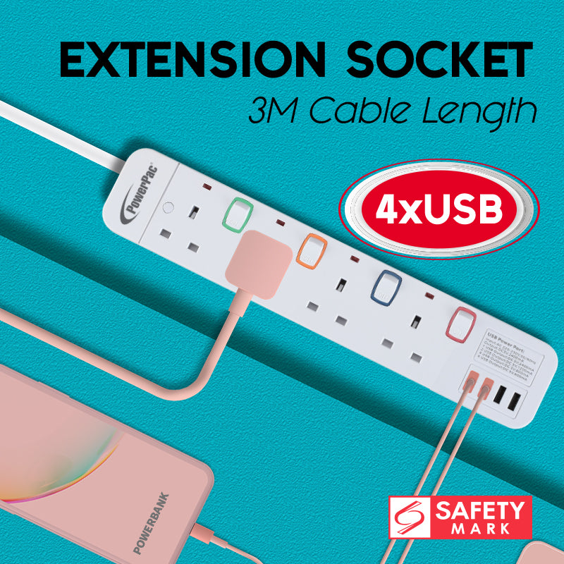 Extension Cord, Extension Socket, Power Cord 3 Metre 4 way with 4x USB Charger (PP9114U)