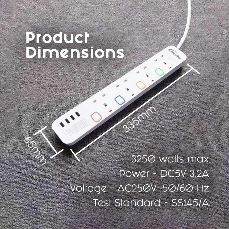 Power Extension Socket Extension Cord 4way 3 meter with 4x USB Charger (PP9114U)