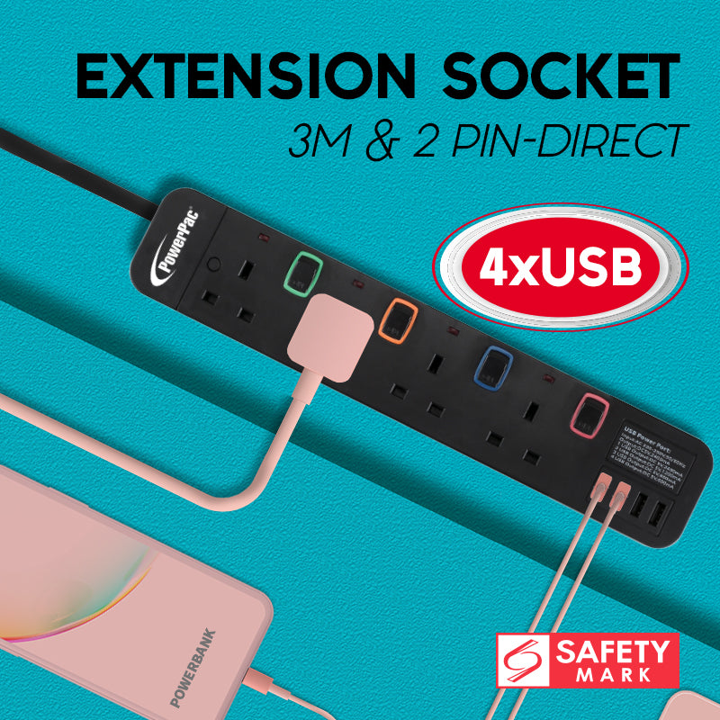 Power Extension Socket Extension Cord 4way 3 meter with 4x USB Charger (PP9114UBK)