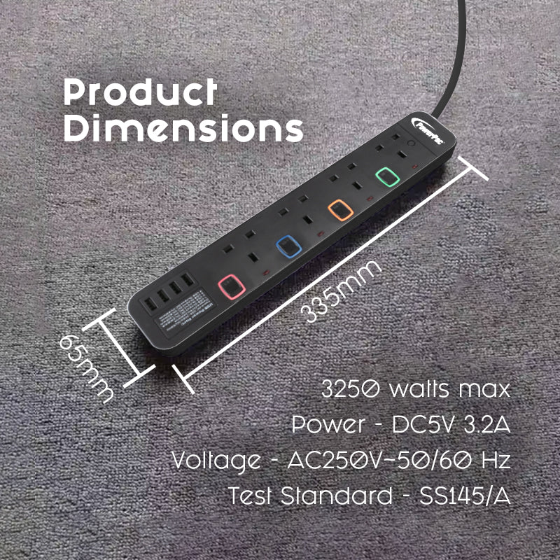 Power Extension Socket Extension Cord 4way 3 meter with 4x USB Charger (PP9114UBK)