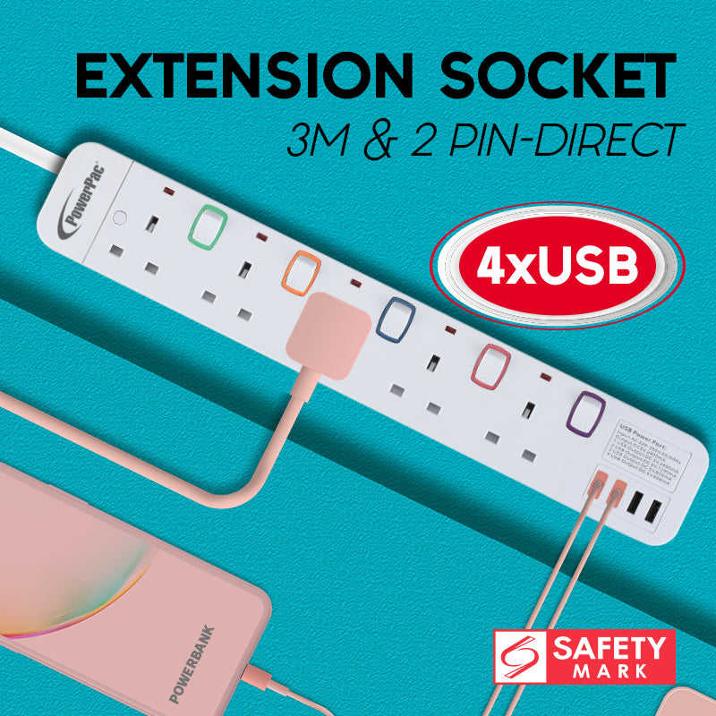 Power Extension Socket Extension Cord 5way 3 meter with 4x USB Charger (PP9115U)