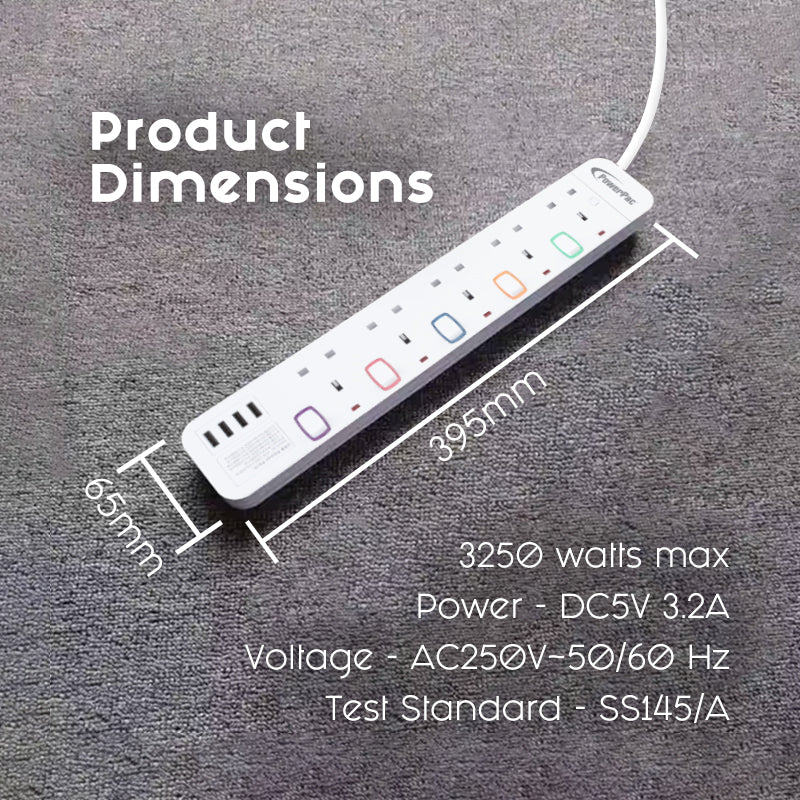 Power Extension Socket Extension Cord 5way 3 meter with 4x USB Charger (PP9115U)