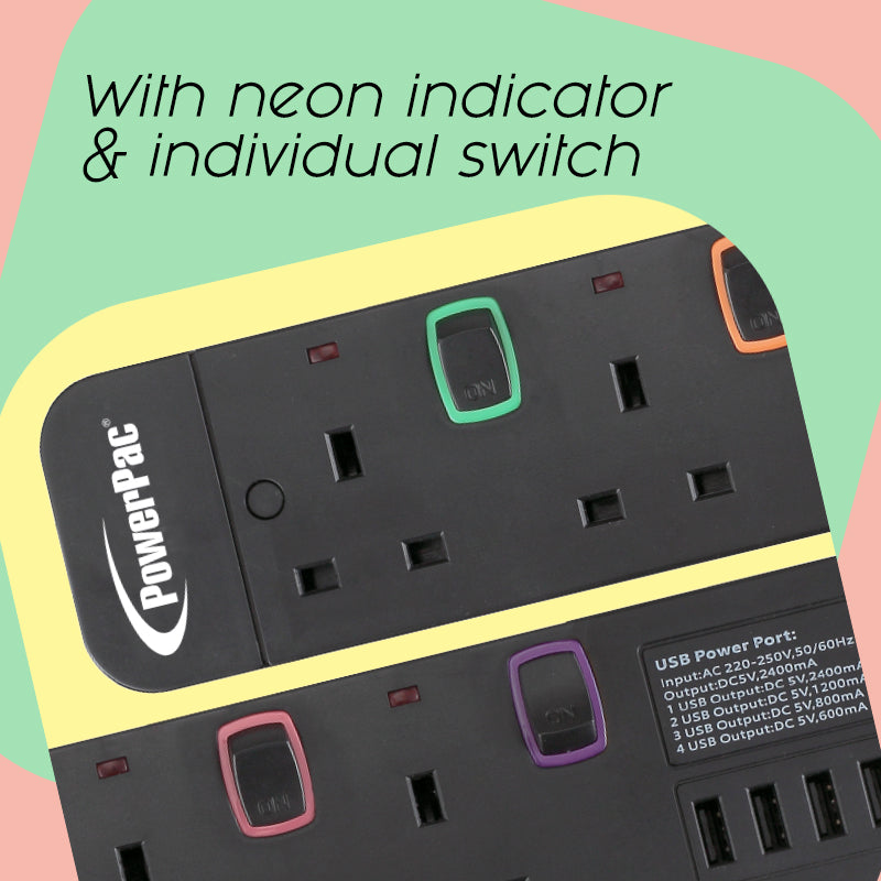 Power Extension Socket Extension Cord 5way 3 meter with 4x USB Charger ...