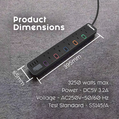 Power Extension Socket Extension Cord 5way 3 meter with 4x USB Charger (PP9115UBK)