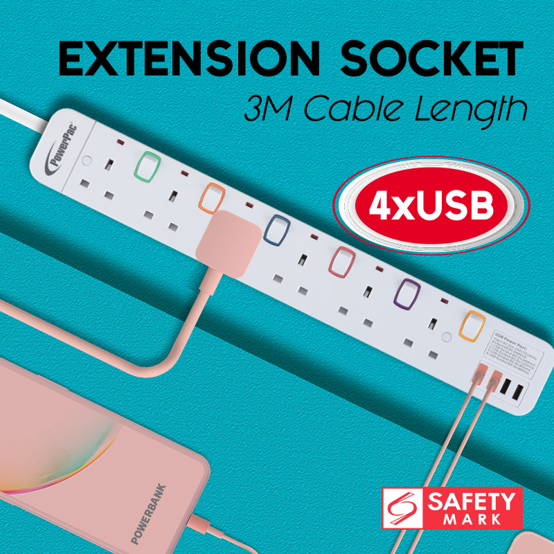 Power Extension Socket Extension Cord 6way 3 meter with 4x USB Charger (PP9116U)