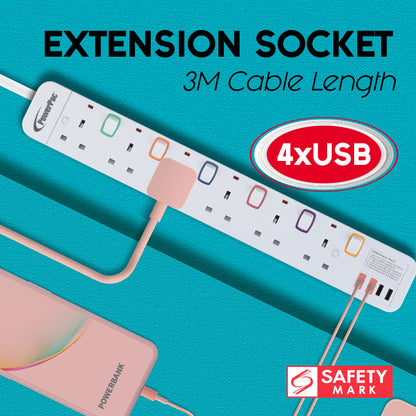 Power Extension Socket Extension Cord 6way 3 meter with 4x USB Charger (PP9116U)