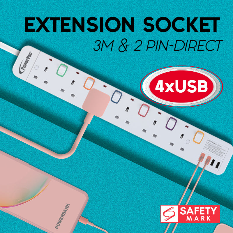 Power Extension Socket Extension Cord 6way 3 meter with 4x USB Charger (PP9116U)