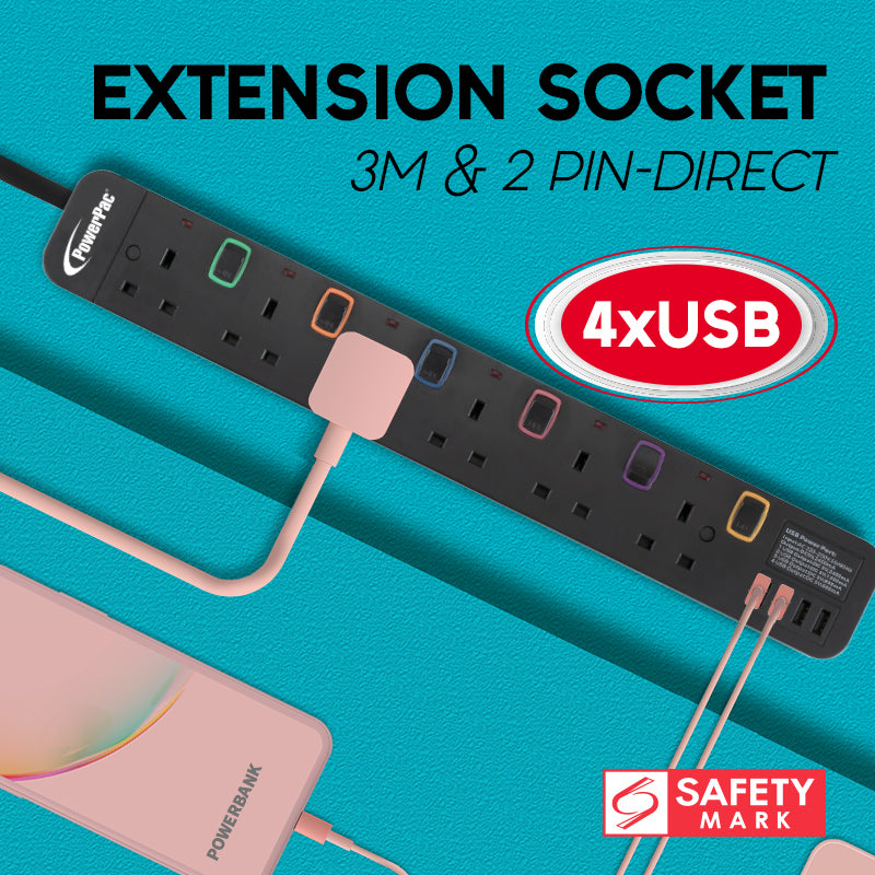 Power Extension Socket Extension Cord 6way 3 meter with 4x USB Charger (PP9116UBK)